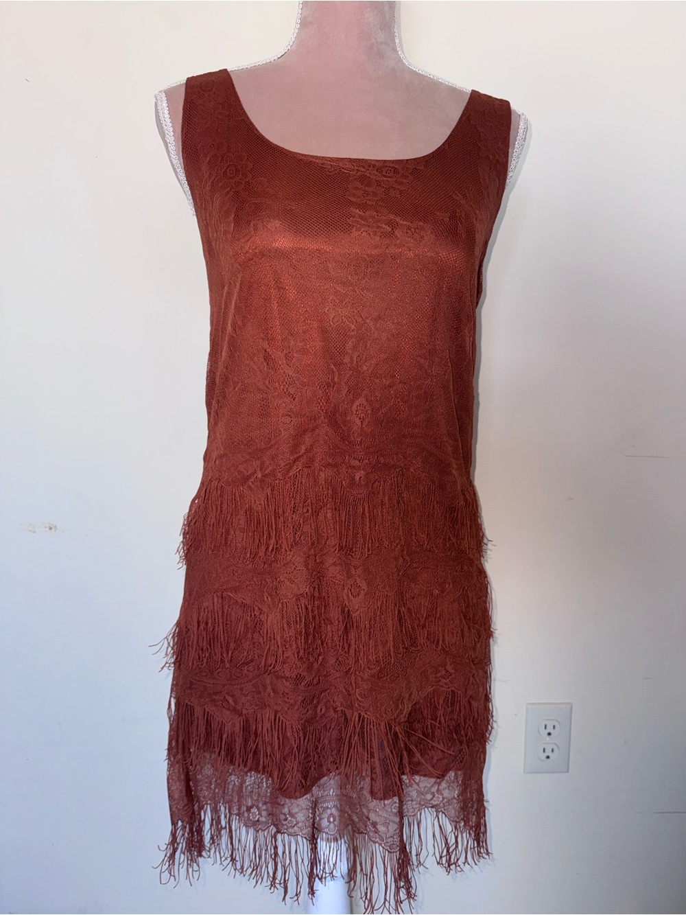 Fringe Lace Slip Dress in Rust Orange